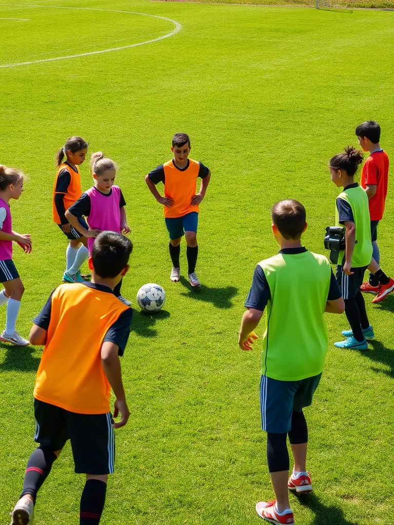 A vibrant image of young children participating in a football training session, showcasing their enthusiasm and engagement in the sport.