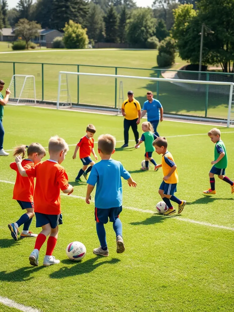 A vibrant image of young children participating in a football training session, showcasing the Youth Football Development Program in action, with coaches guiding them through drills.
