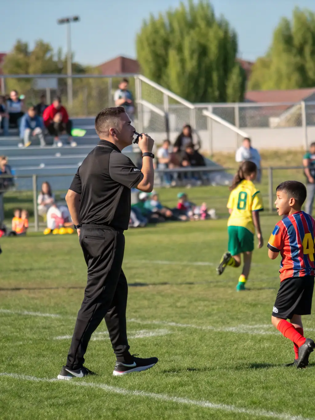 An action shot of a local football referee officiating a match, highlighting the Referee Training and Development Program's role in ensuring fair play.