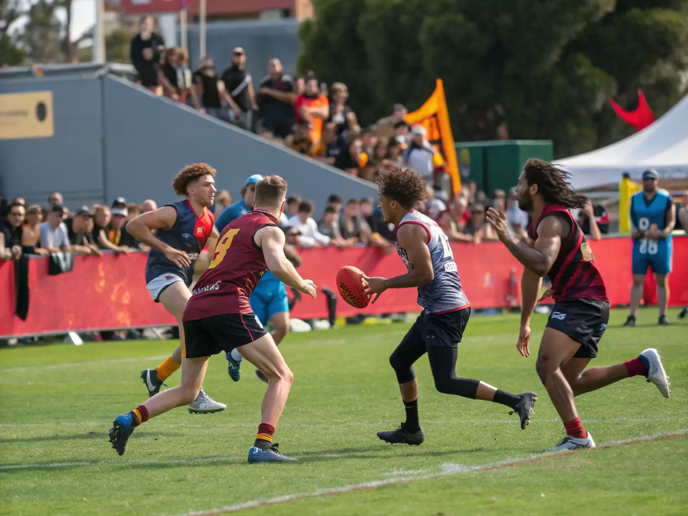 An image depicting a group of adult football players in action during a competitive match. The players are displaying teamwork and sportsmanship, with spectators cheering from the sidelines.