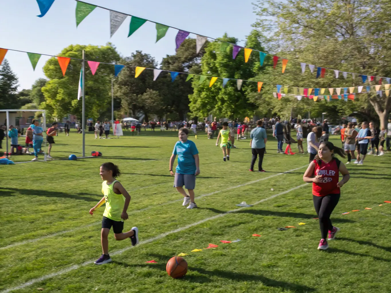 A photo showcasing a community outreach event organized by DISTRICT DU CANTAL DE FOOTBALL, featuring volunteers and participants engaging in football-related activities. The atmosphere is lively and inclusive, promoting community spirit.